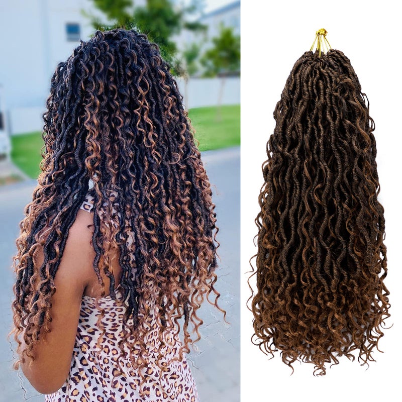 Goddess Locs Crochet Hair 14 Inch 7 Packs Ombre Brown Boho Faux Locs Crochet Hair for Black Women Pre Looped Crochet Locs with Curly Ends 1B30
